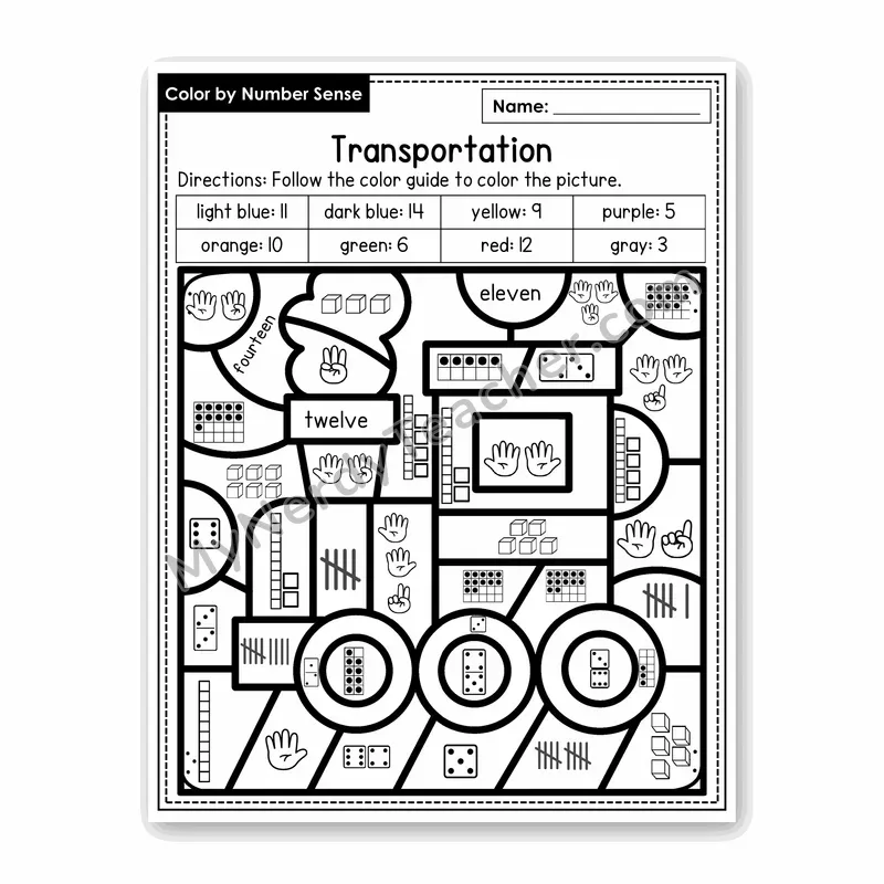 Transportation Color by Number Sense — Numbers to 20 Worksheet (Set 7)