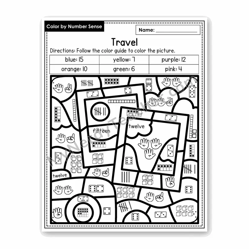 Travel Color by Number Sense — Numbers to 20 Worksheet (Set 1)