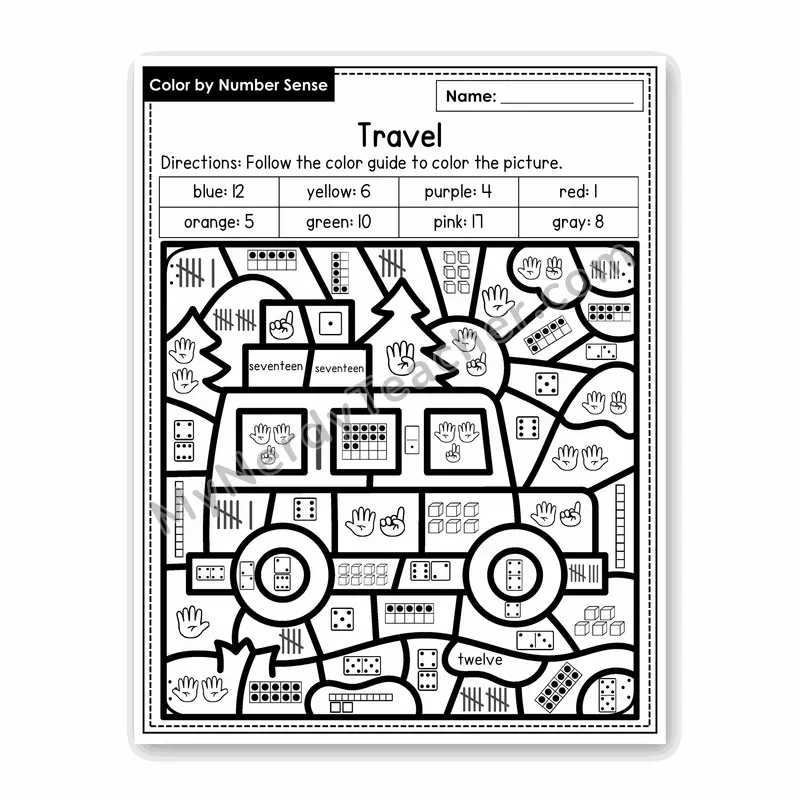 Travel Color by Number Sense — Numbers to 20 Worksheet (Set 5)