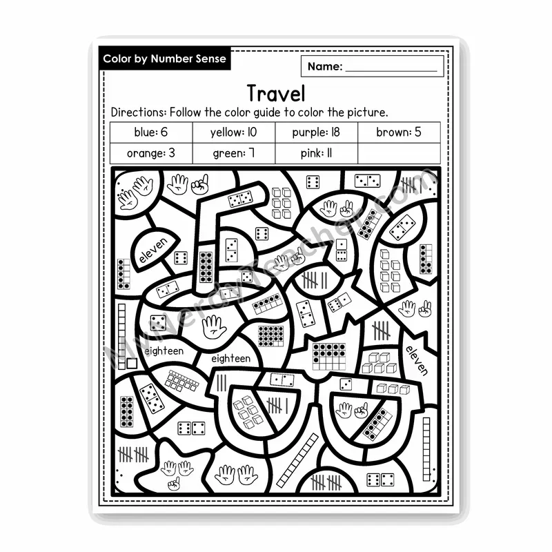 Travel Color by Number Sense — Numbers to 20 Worksheet (Set 6)
