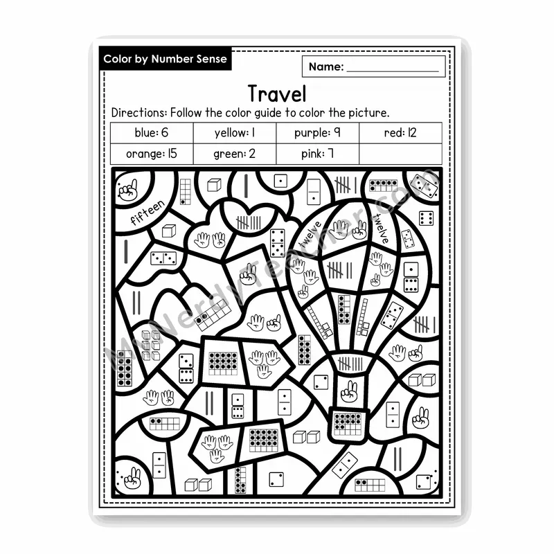 Travel Color by Number Sense — Numbers to 20 Worksheet (Set 4)