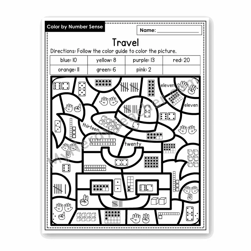 Travel Color by Number Sense — Numbers to 20 Worksheet (Set 3)