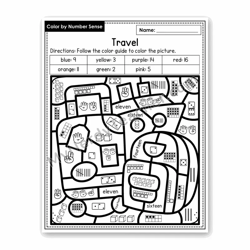 Travel Color by Number Sense — Numbers to 20 Worksheet (Set 7)