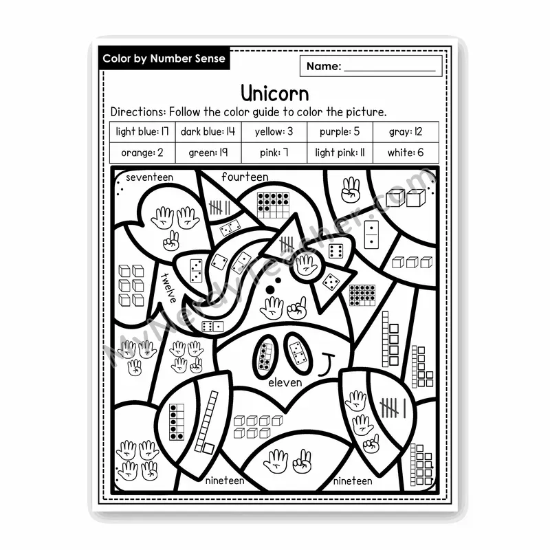 Unicorn Color by Number Sense — Numbers to 20 Worksheet (Set 3)