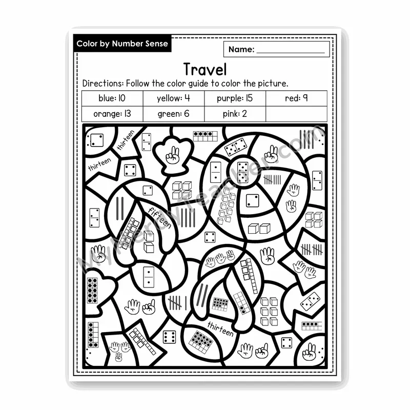 Travel Color by Number Sense — Numbers to 20 Worksheet (Set 8)