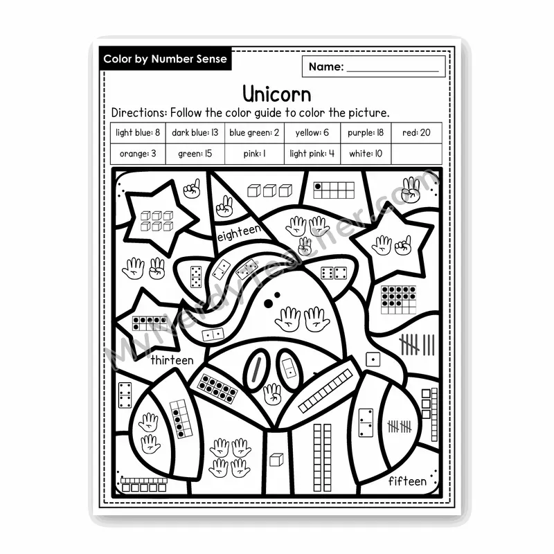 Unicorn Color by Number Sense — Numbers to 20 Worksheet (Set 4)
