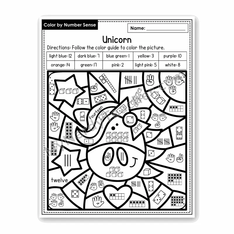 Unicorn Color by Number Sense — Numbers to 20 Worksheet (Set 1)