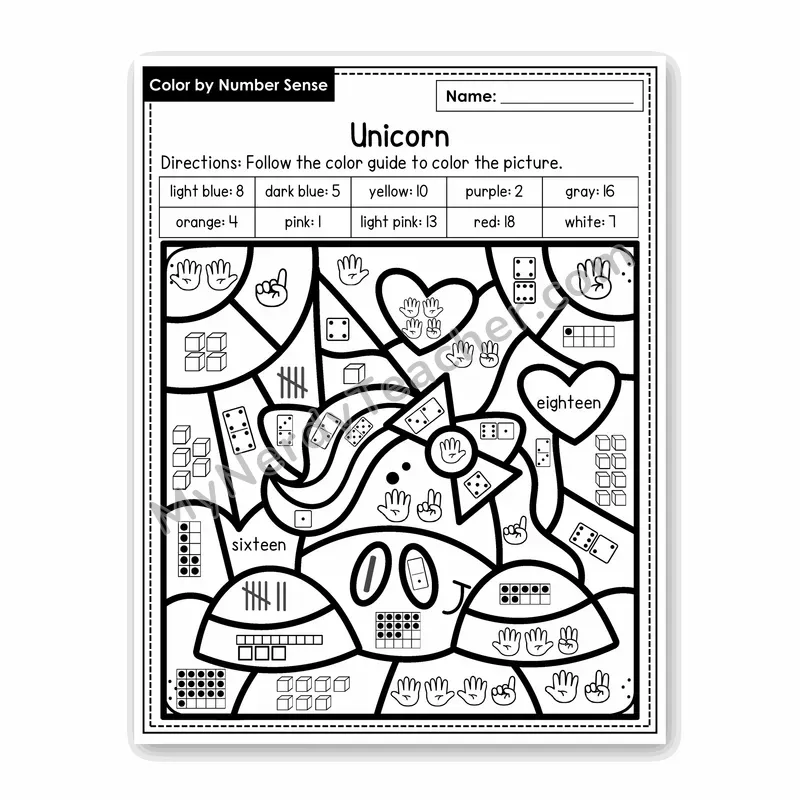 Unicorn Color by Number Sense — Numbers to 20 Worksheet (Set 2)