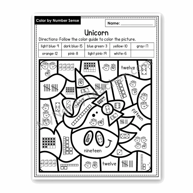 Unicorn Color by Number Sense — Numbers to 20 Worksheet (Set 7)