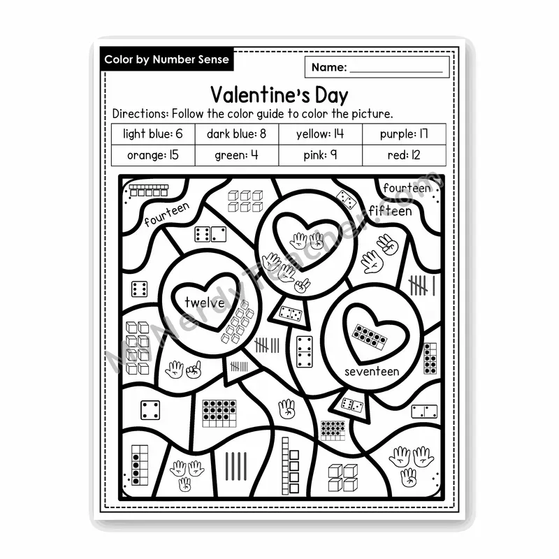Valentine's Day Color by Number Sense — Numbers to 20 Worksheet (Set 1)
