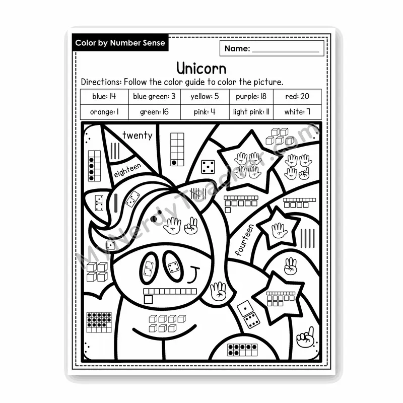 Unicorn Color by Number Sense — Numbers to 20 Worksheet (Set 6)