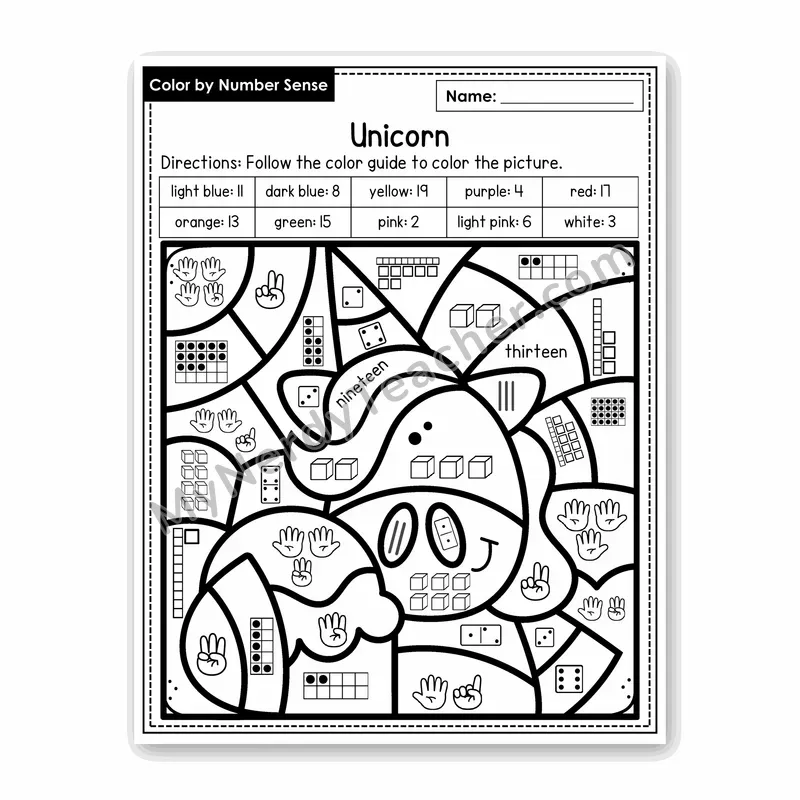 Unicorn Color by Number Sense — Numbers to 20 Worksheet (Set 5)