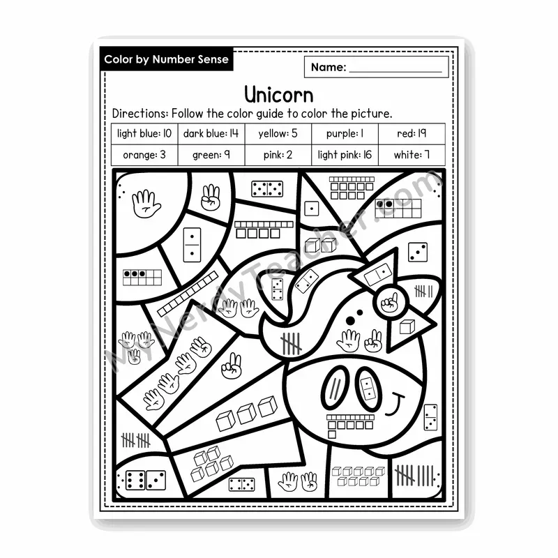 Unicorn Color by Number Sense — Numbers to 20 Worksheet (Set 8)