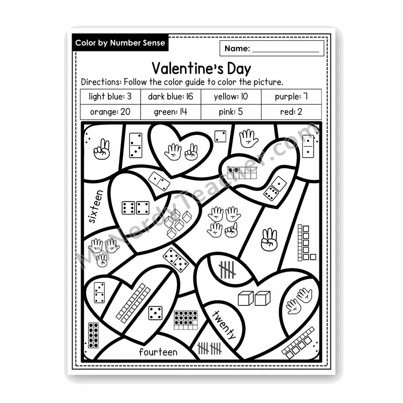 Valentine's Day Color by Number Sense — Numbers to 20 Worksheet (Set 4)