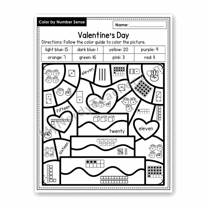 Valentine's Day Color by Number Sense — Numbers to 20 Worksheet (Set 2)