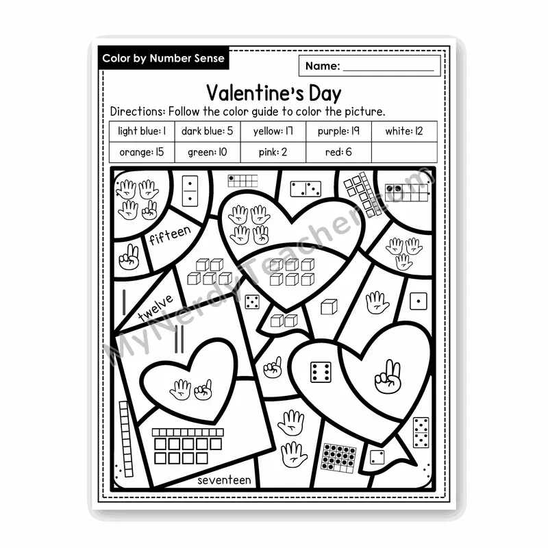 Valentine's Day Color by Number Sense — Numbers to 20 Worksheet (Set 5)
