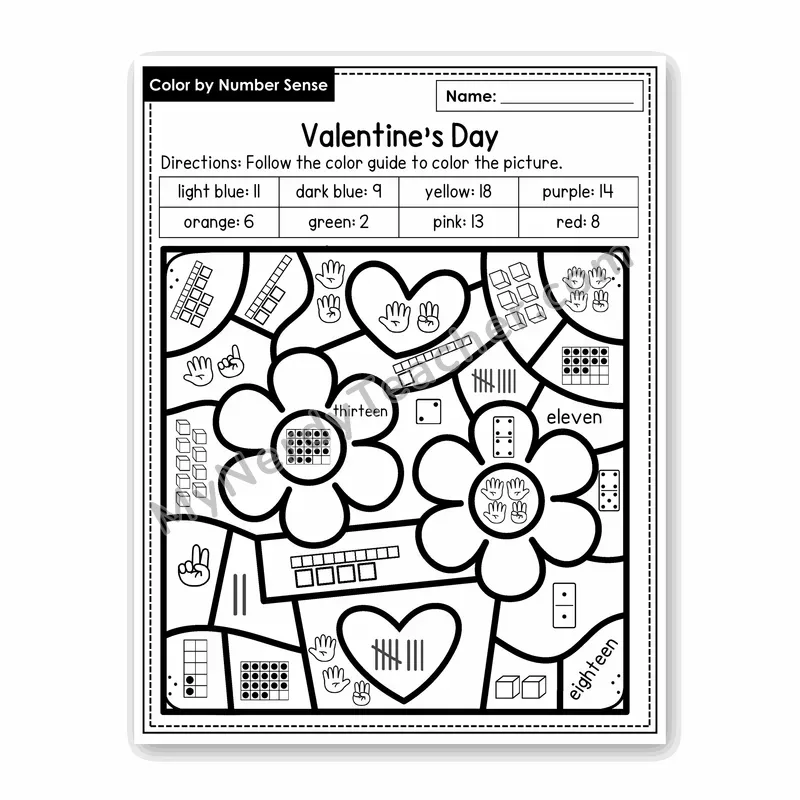 Valentine's Day Color by Number Sense — Numbers to 20 Worksheet (Set 6)