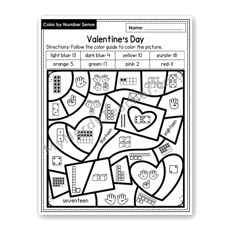 Valentine's Day Color by Number Sense — Numbers to 20 Worksheet (Set 3)