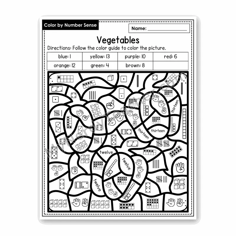 Vegetables Color by Number Sense — Numbers to 20 Worksheet (Set 1)