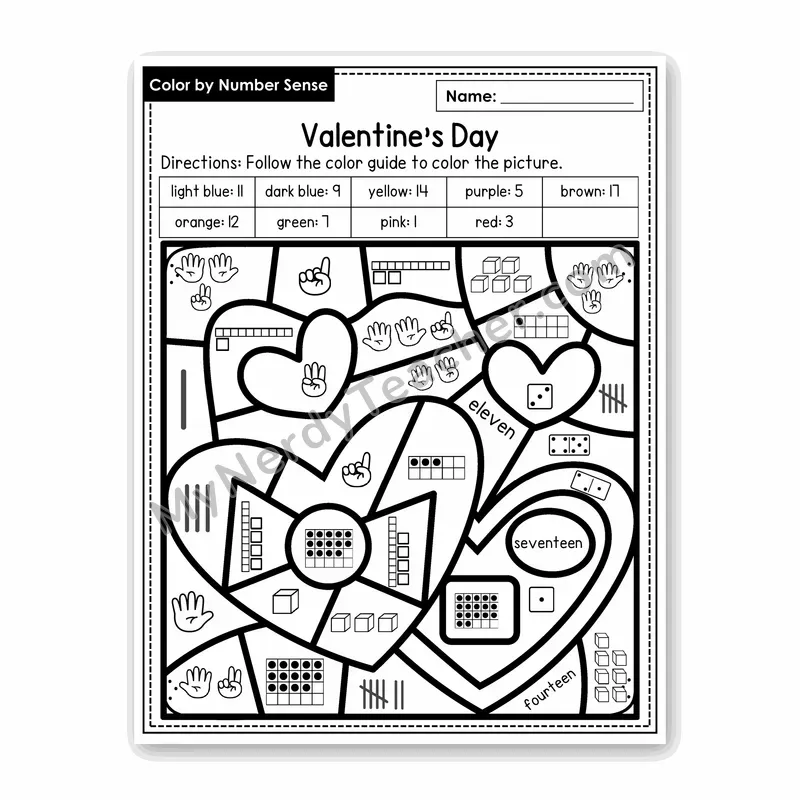 Valentine's Day Color by Number Sense — Numbers to 20 Worksheet (Set 8)