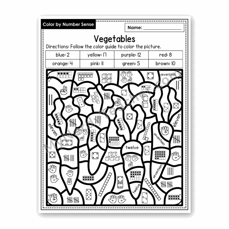 Vegetables Color by Number Sense — Numbers to 20 Worksheet (Set 2)
