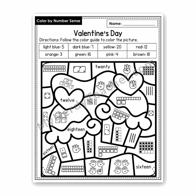 Valentine's Day Color by Number Sense — Numbers to 20 Worksheet (Set 7)