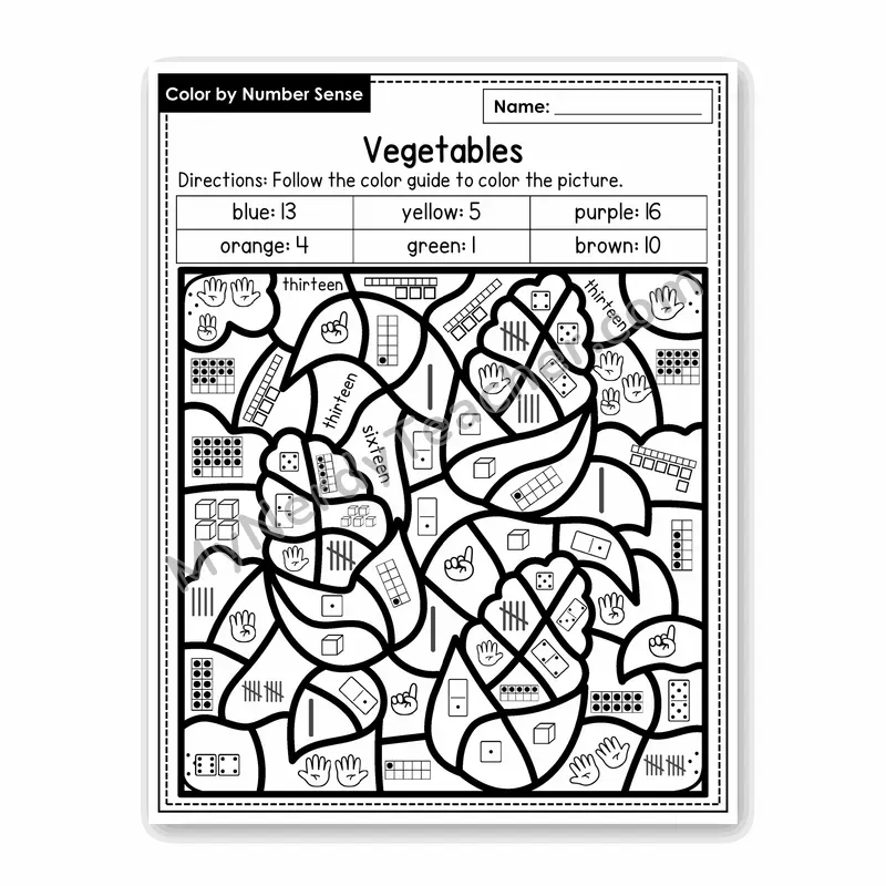 Vegetables Color by Number Sense — Numbers to 20 Worksheet (Set 3)
