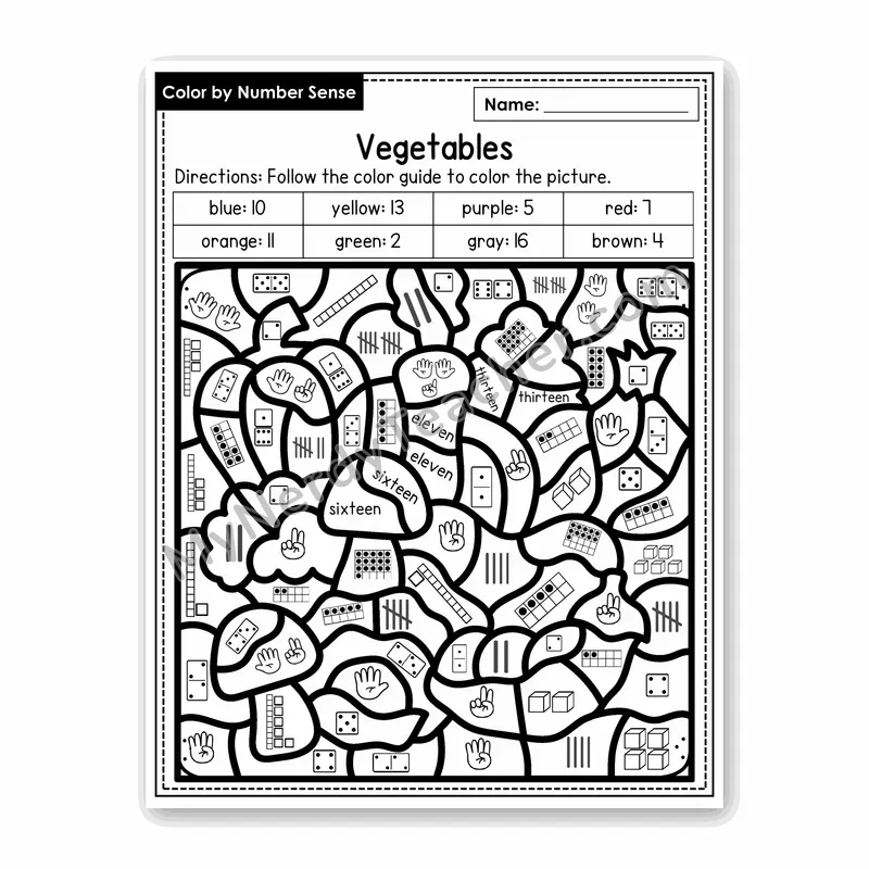 Vegetables Color by Number Sense — Numbers to 20 Worksheet (Set 8)