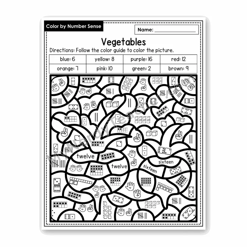 Vegetables Color by Number Sense — Numbers to 20 Worksheet (Set 7)