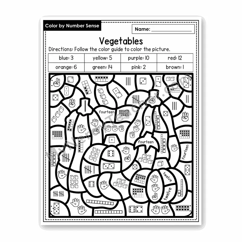 Vegetables Color by Number Sense — Numbers to 20 Worksheet (Set 5)