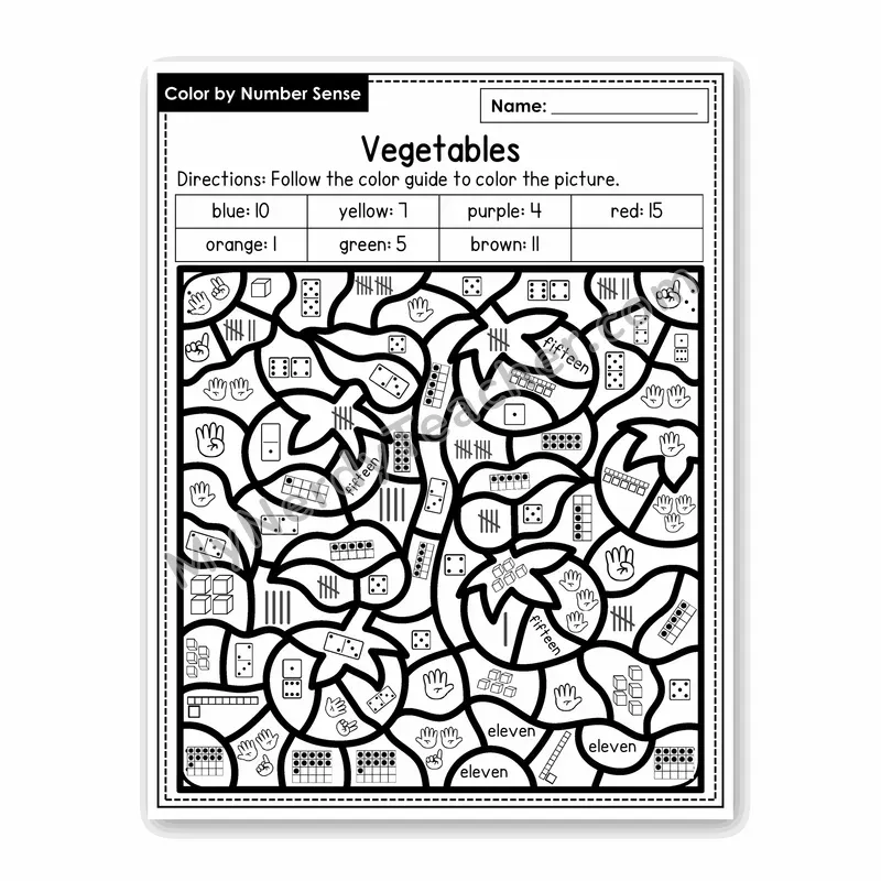 Vegetables Color by Number Sense — Numbers to 20 Worksheet (Set 6)