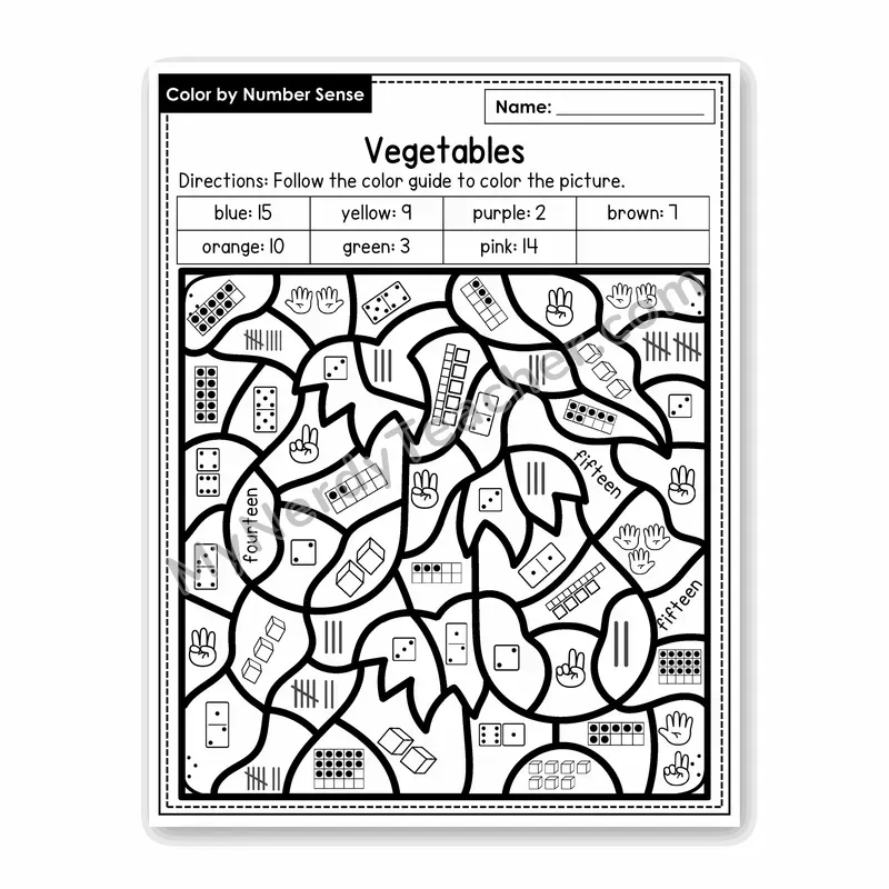 Vegetables Color by Number Sense — Numbers to 20 Worksheet (Set 4)