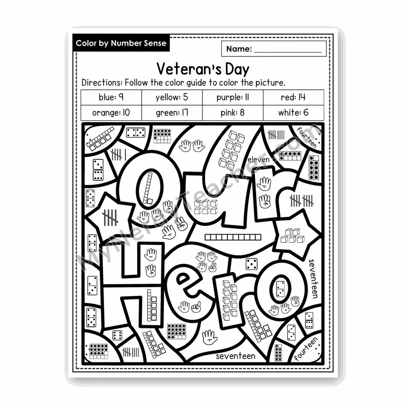Veteran's Day Color by Number Sense — Numbers to 20 Worksheet (Set 5)