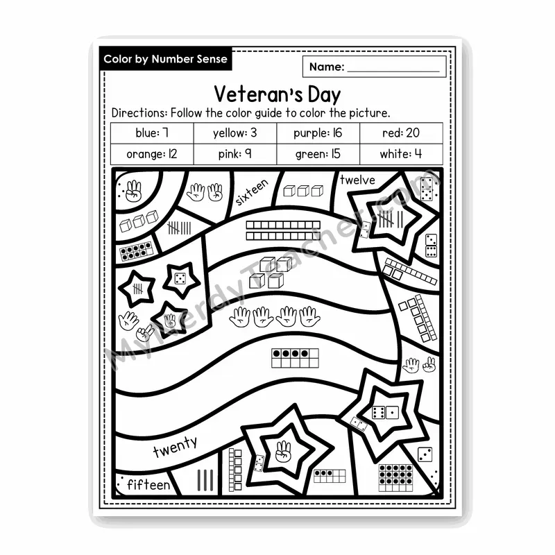 Veteran's Day Color by Number Sense — Numbers to 20 Worksheet (Set 1)