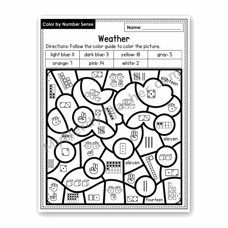 Weather Color by Number Sense — Numbers to 20 Worksheet (Set 1)