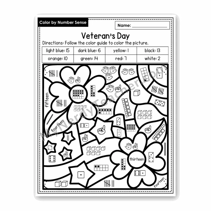 Veteran's Day Color by Number Sense — Numbers to 20 Worksheet (Set 6)