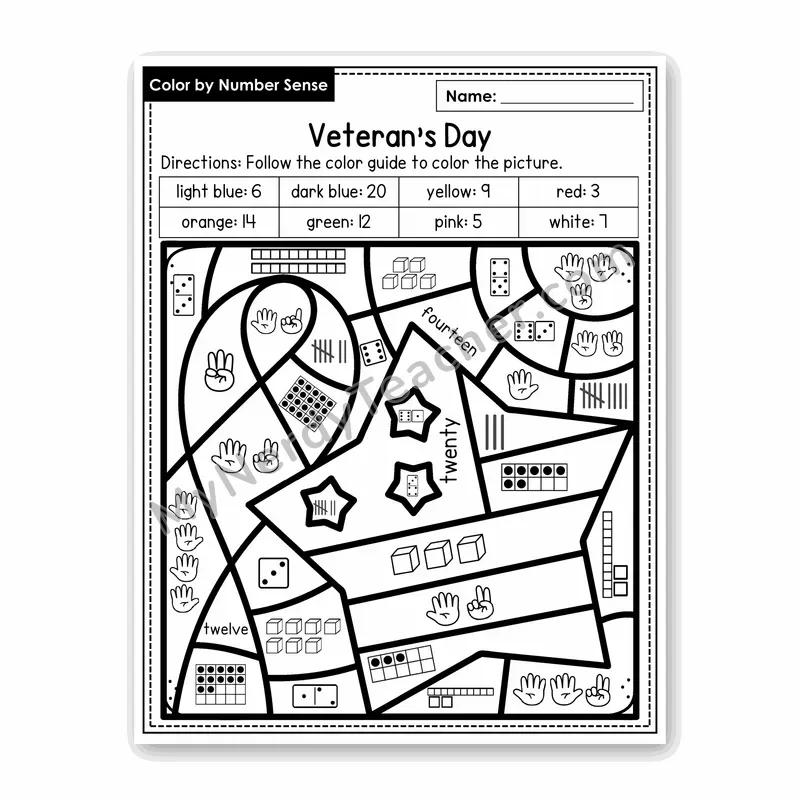 Veteran's Day Color by Number Sense — Numbers to 20 Worksheet (Set 8)