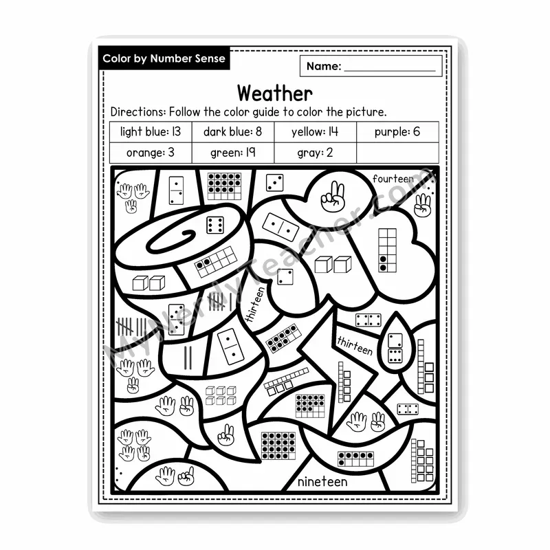 Weather Color by Number Sense — Numbers to 20 Worksheet (Set 2)