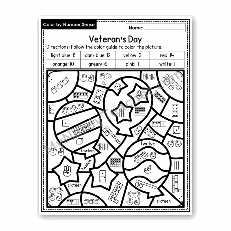 Veteran's Day Color by Number Sense — Numbers to 20 Worksheet (Set 7)