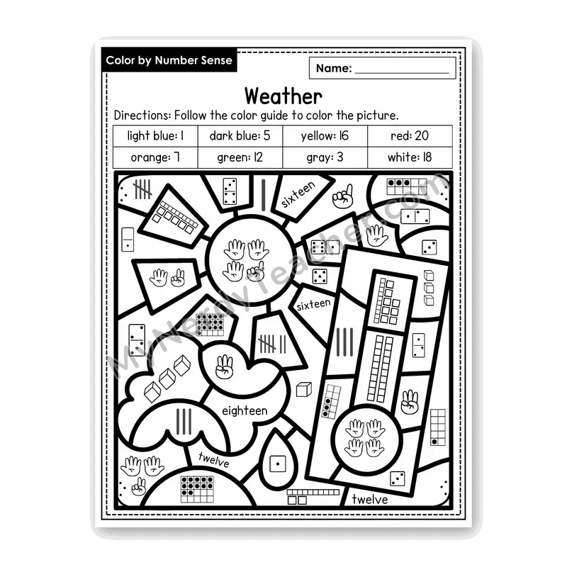 Weather Color by Number Sense — Numbers to 20 Worksheet (Set 6)