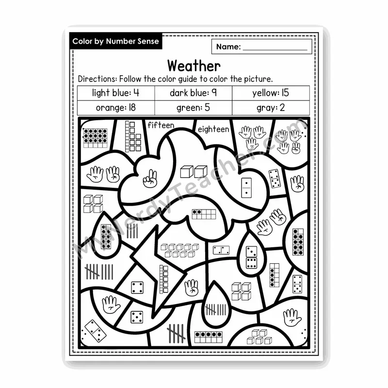 Weather Color by Number Sense — Numbers to 20 Worksheet (Set 3)