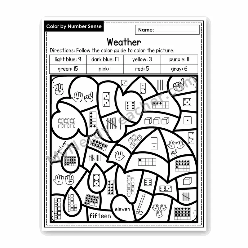 Weather Color by Number Sense — Numbers to 20 Worksheet (Set 4)