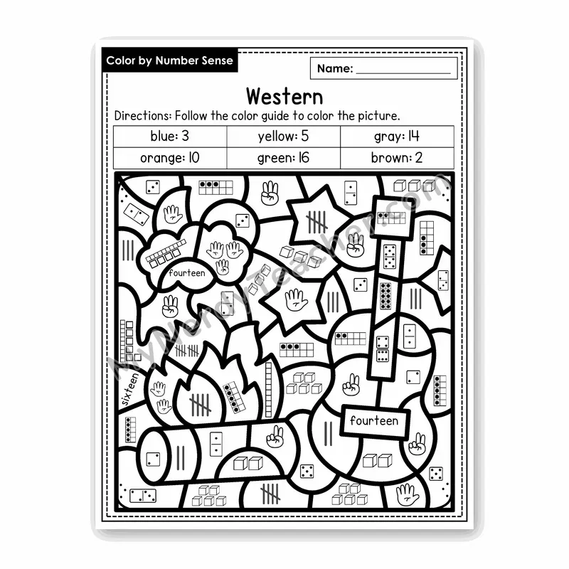 Western Color by Number Sense — Numbers to 20 Worksheet (Set 1)