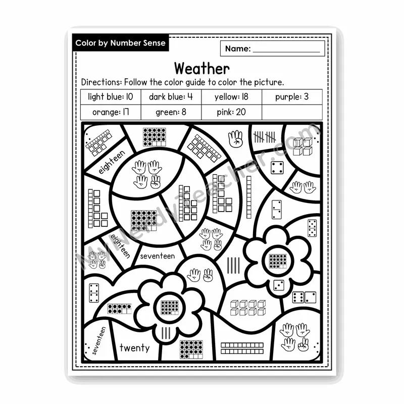Weather Color by Number Sense — Numbers to 20 Worksheet (Set 5)