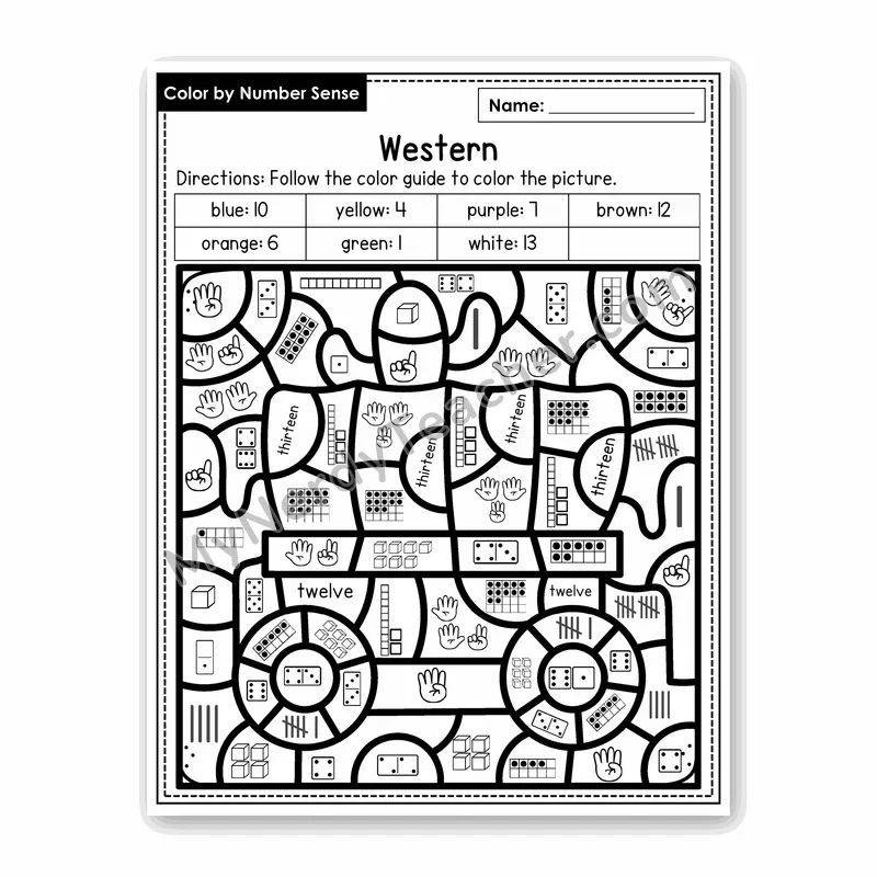 Western Color by Number Sense — Numbers to 20 Worksheet (Set 2)