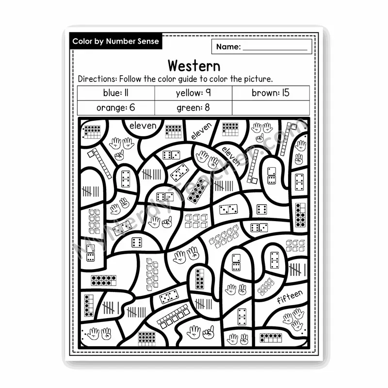 Western Color by Number Sense — Numbers to 20 Worksheet (Set 3)