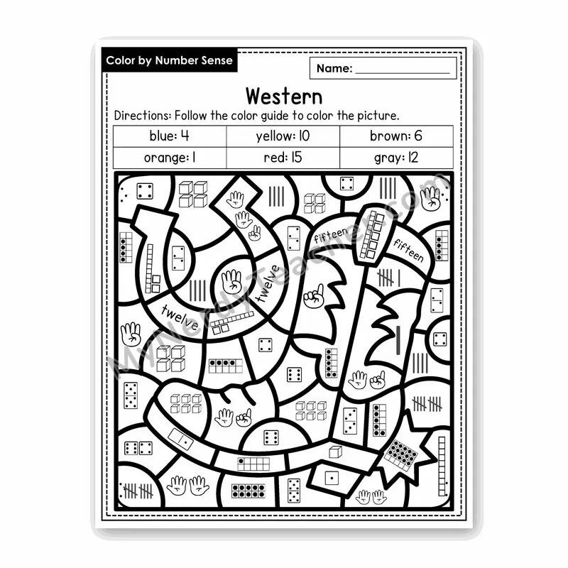 Western Color by Number Sense — Numbers to 20 Worksheet (Set 5)