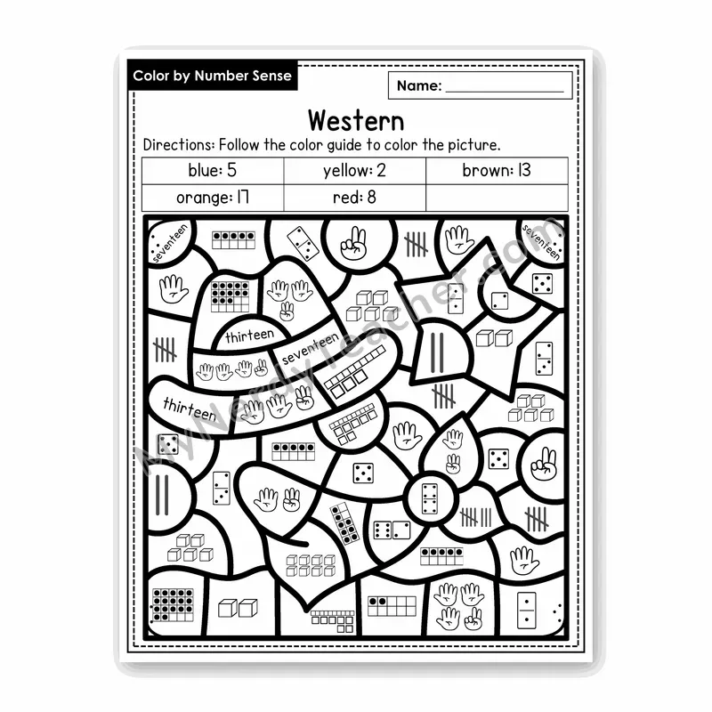 Western Color by Number Sense — Numbers to 20 Worksheet (Set 4)
