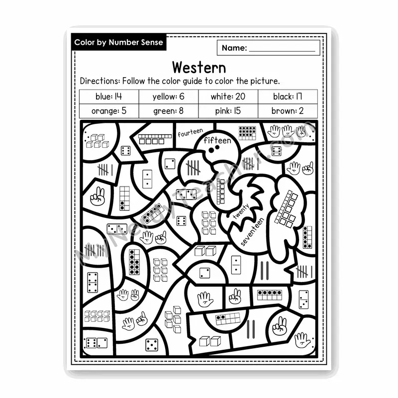 Western Color by Number Sense — Numbers to 20 Worksheet (Set 6)