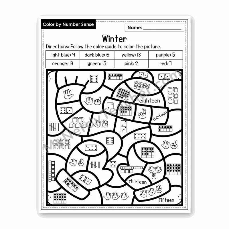 Winter Color by Number Sense — Numbers to 20 Worksheet (Set 1)